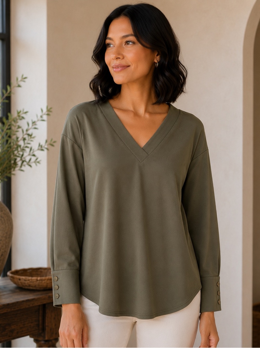 Olive Green V-Neck Long Sleeve Top